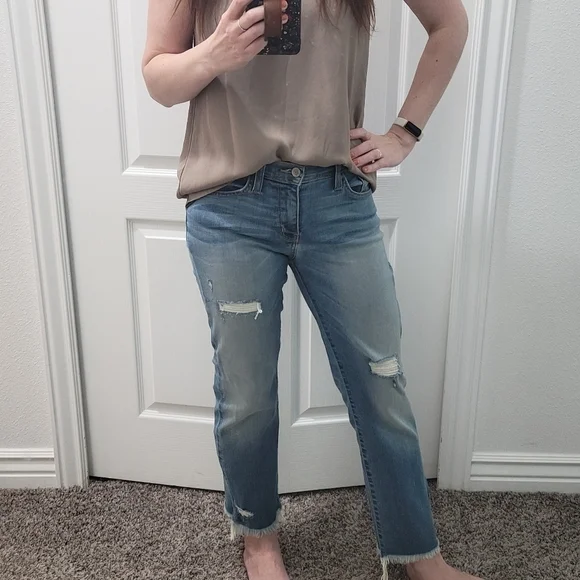 Flying Monkey Distressed Raw Hem Mid-Rise Light Medium Wash Straight Leg Jeans - Picture 10 of 11